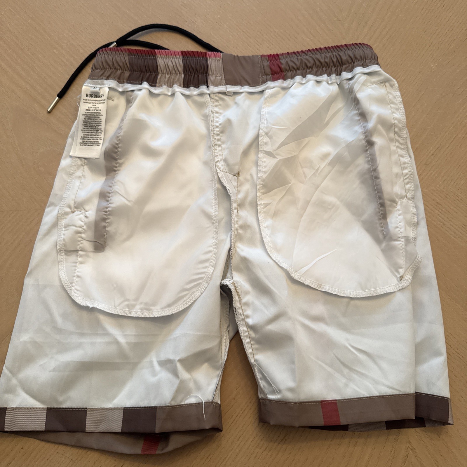 Burberry Boy’s Teens Checker Silk Swim Trunks Draw Shorts Beige Waist Size M