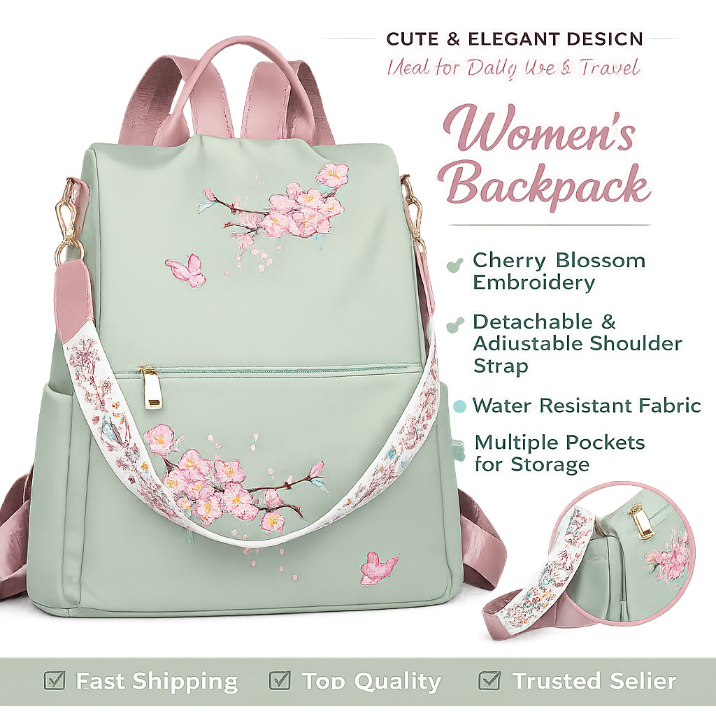 Women Cherry Blossom Embroidery Backpack Anti-Theft 2in1 Shoulder Bag Black