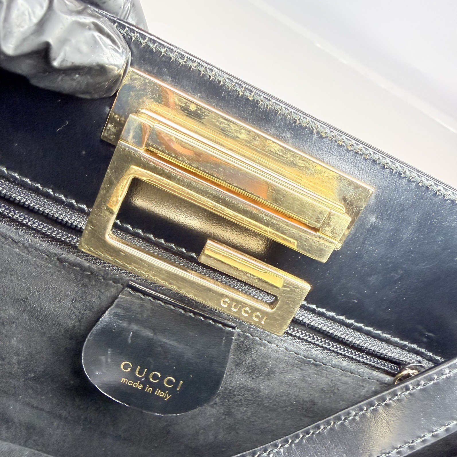 GUCCI Vintage G Square Logo Shoulder Bag Handbag Black Gold Suede Leather