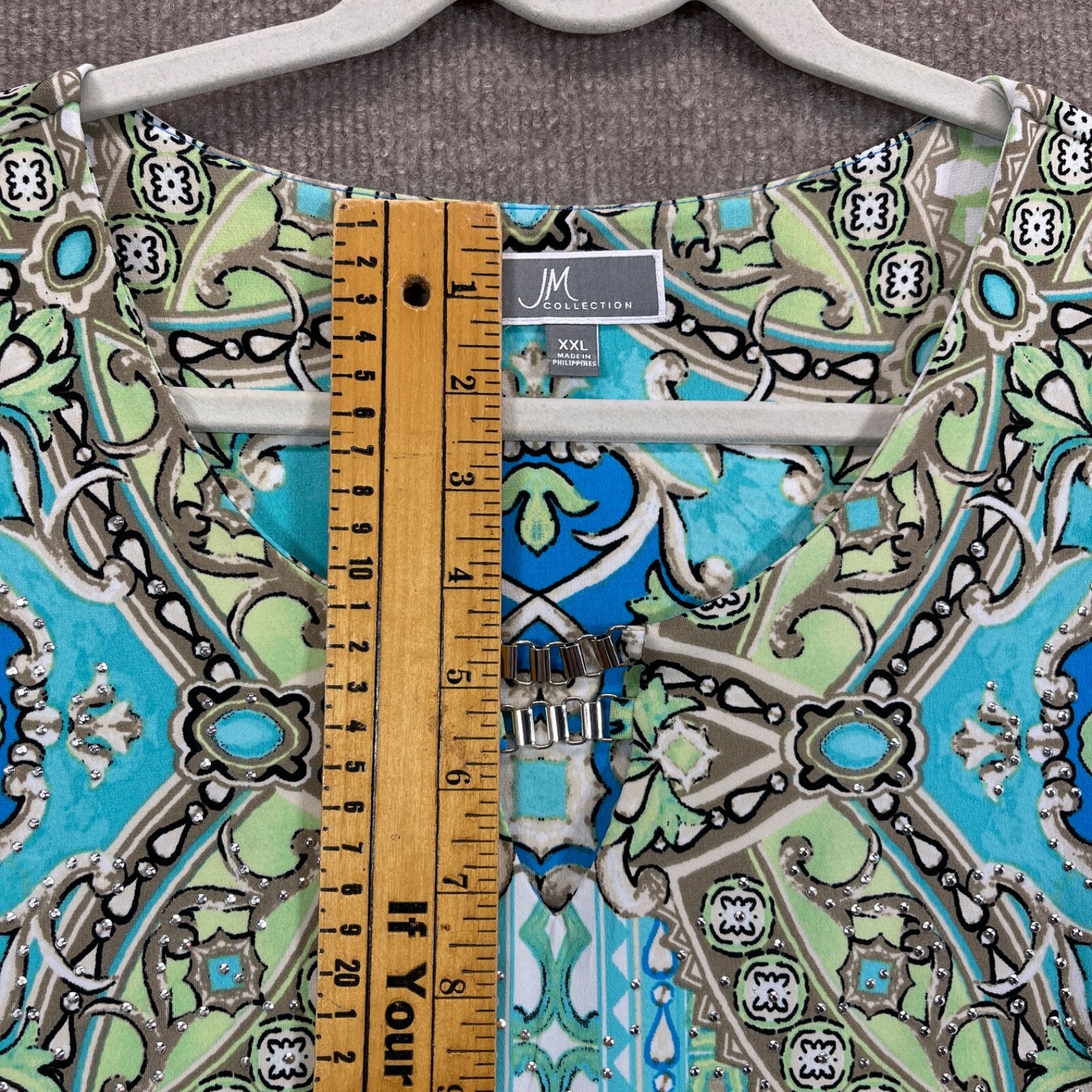 JM Collection Top Womens XXL Tunic Paislet Sheer Sleeves Studs Chain Career