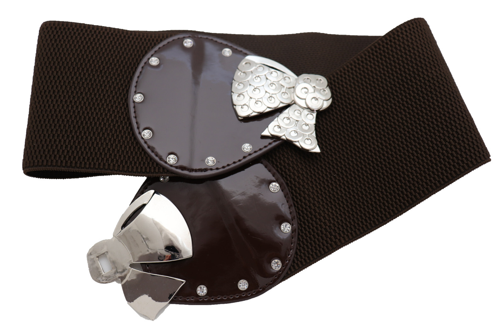 Women Dark Brown Wide Old School Fun Belt Silver Metal Bow Tie Ribbon Buckle S M