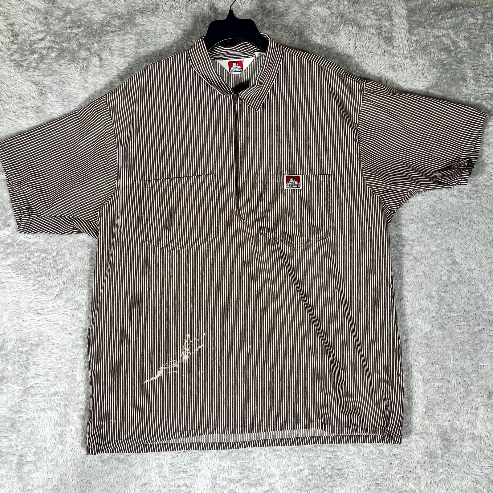Ben Davis T Shirt Mens XL Brown Pinstripe Short Sleeve Striped 1/2 Zip Workwear