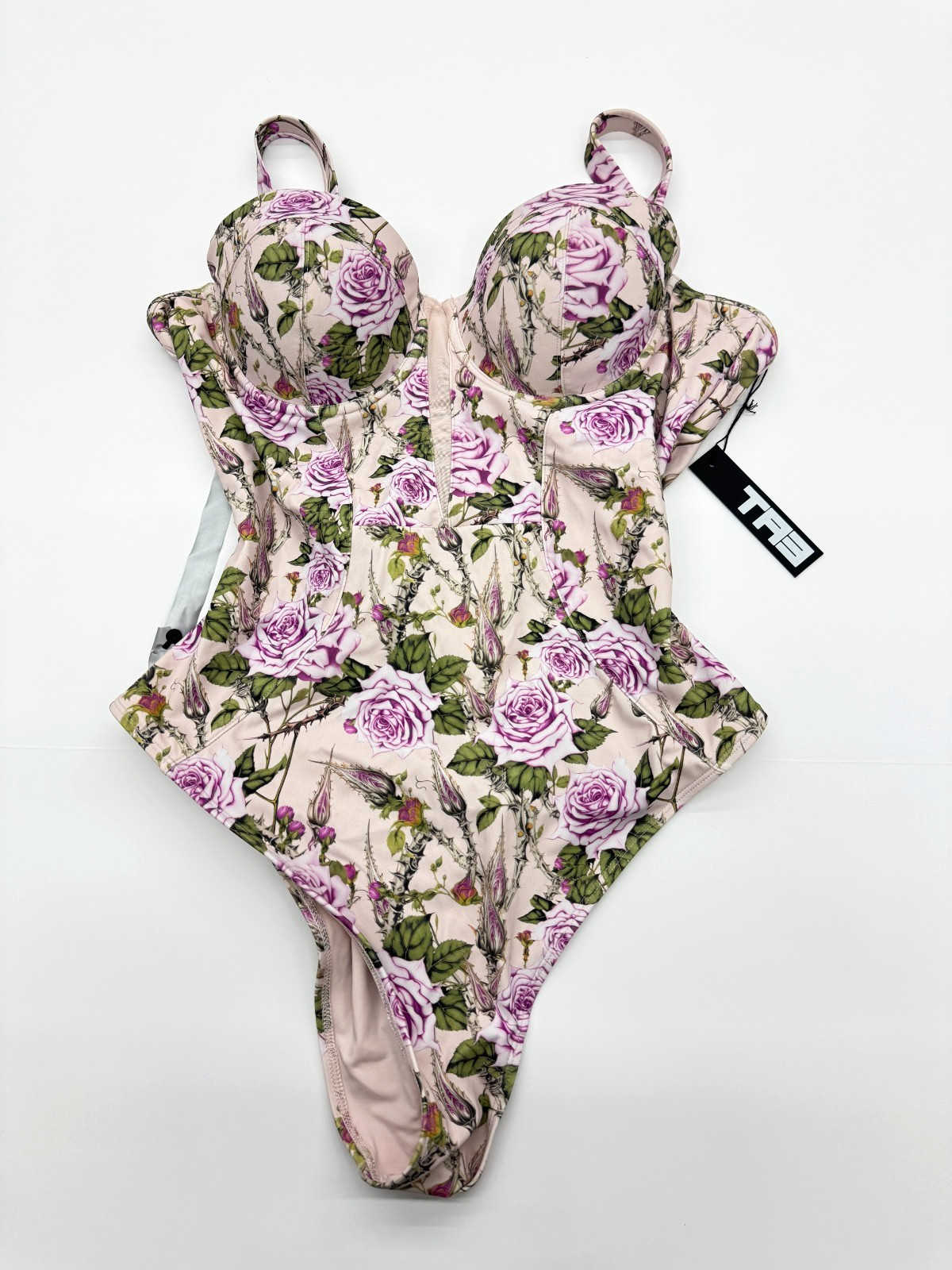 TA3 BRAZILIAN BOMBSHELL ONE PIECE SWIMSUIT LILAC ROSE FLORAL SIZE M REG/LONG A-B