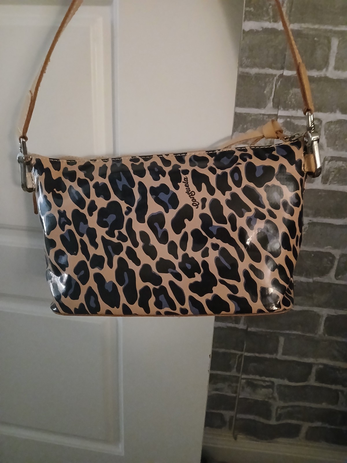 Consuela Tan/Black Animal Print Shoulder Bag Zip Top Tan Strap Silver HW