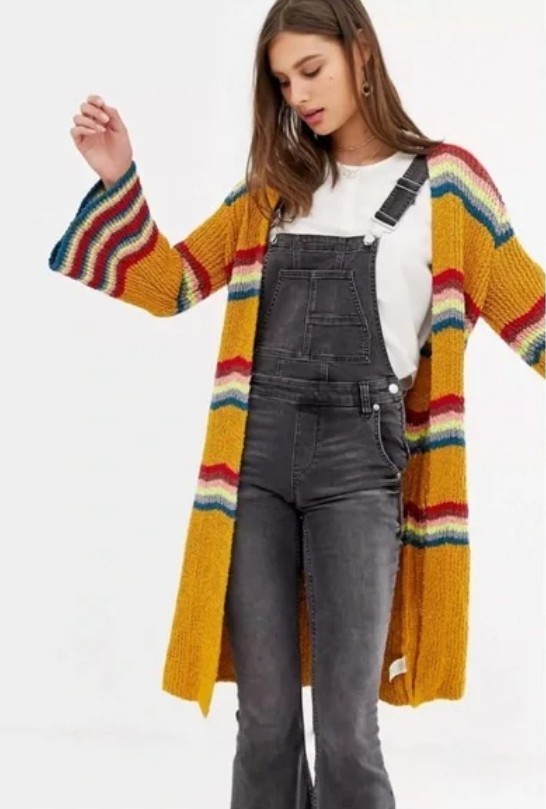 Free People Winding Road Rainbow Cardigan XS Gold Mustard Multi Combo Duster