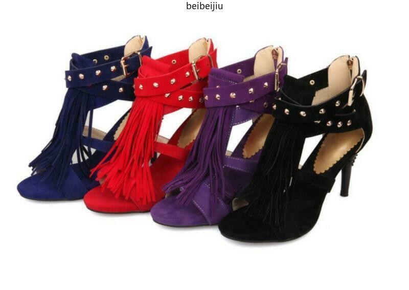 Tassels Rivet Gladiator Women’s Sandals Buckle Shoes Strap High Heel Roma Hot