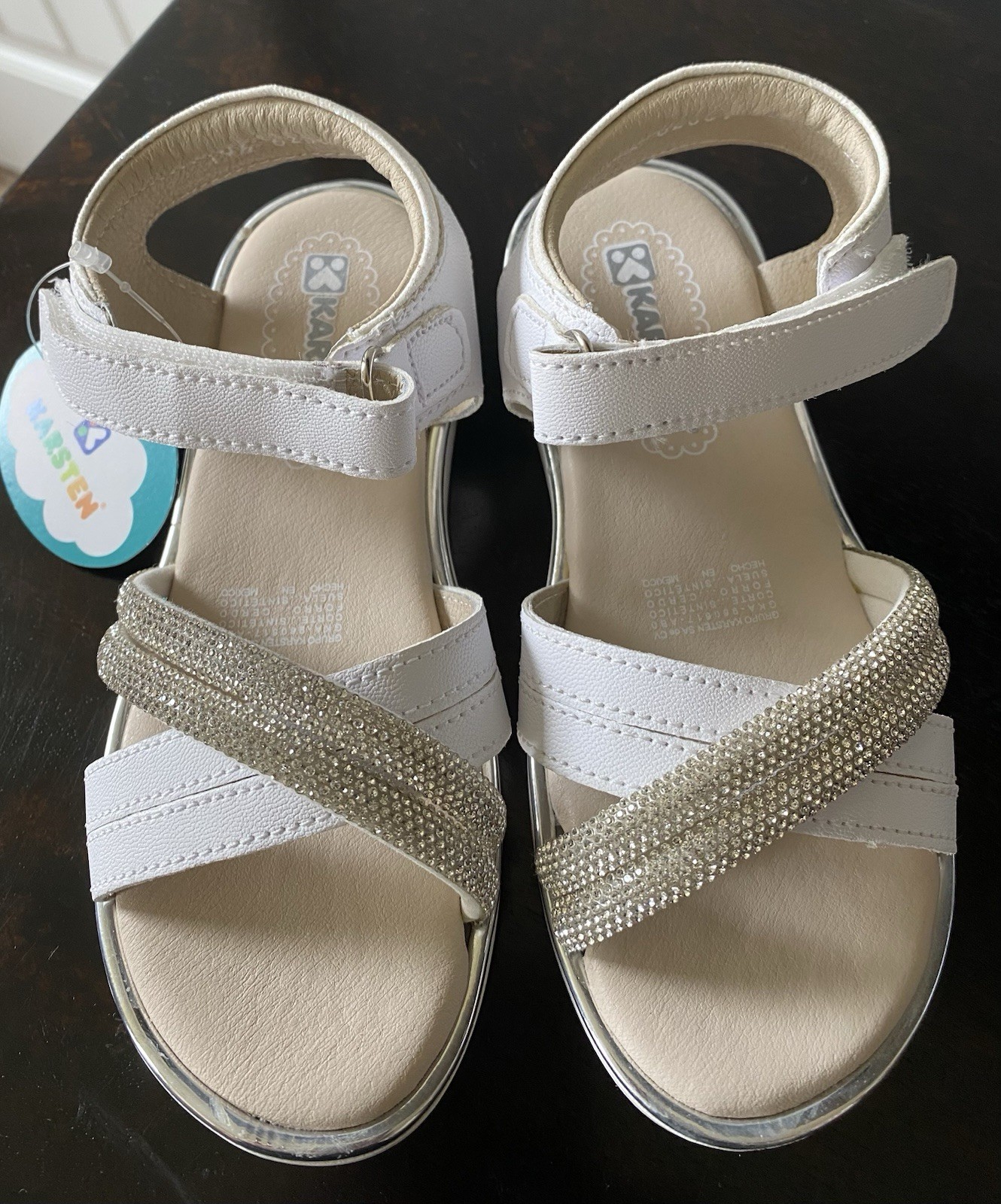 Karston Kids Strappy Rhinestone Sandals White/Silver Hook & Loop Size 11