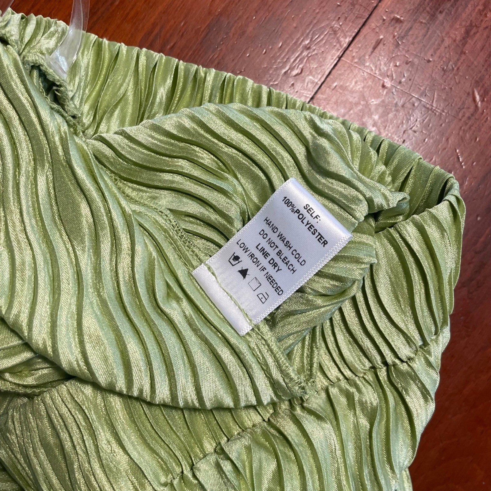 Blue Blush Plissé Satin Wide Leg Pants Small Green Crinkle Palazzo Elastic Wai