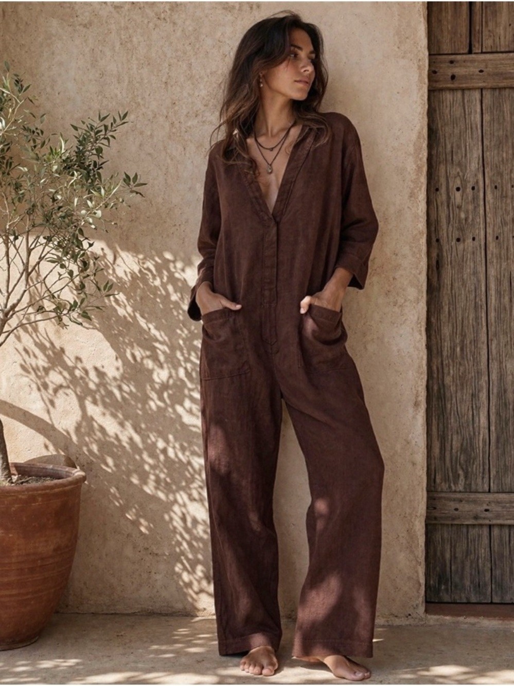 100% LINEN ZARA FULL LENGTH LINEN JUMPSUIT BRICK