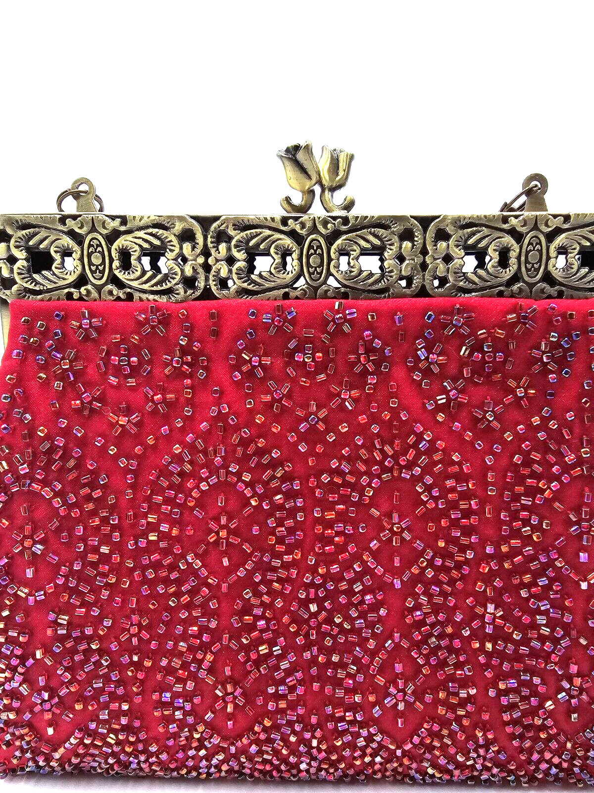Inge Christopher Luxury Evening Mini Beaded Bag Brass Chain Strap Copper Red