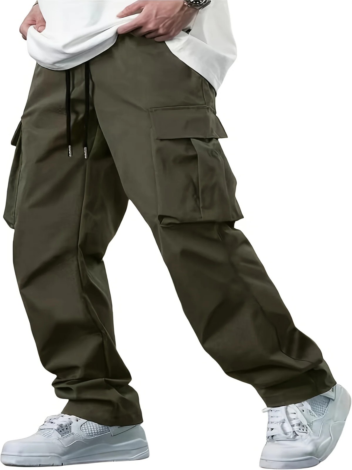 Mens Cargo Jogger Pants Drawstring Loose Fit Multi Pocket Casual Trousers