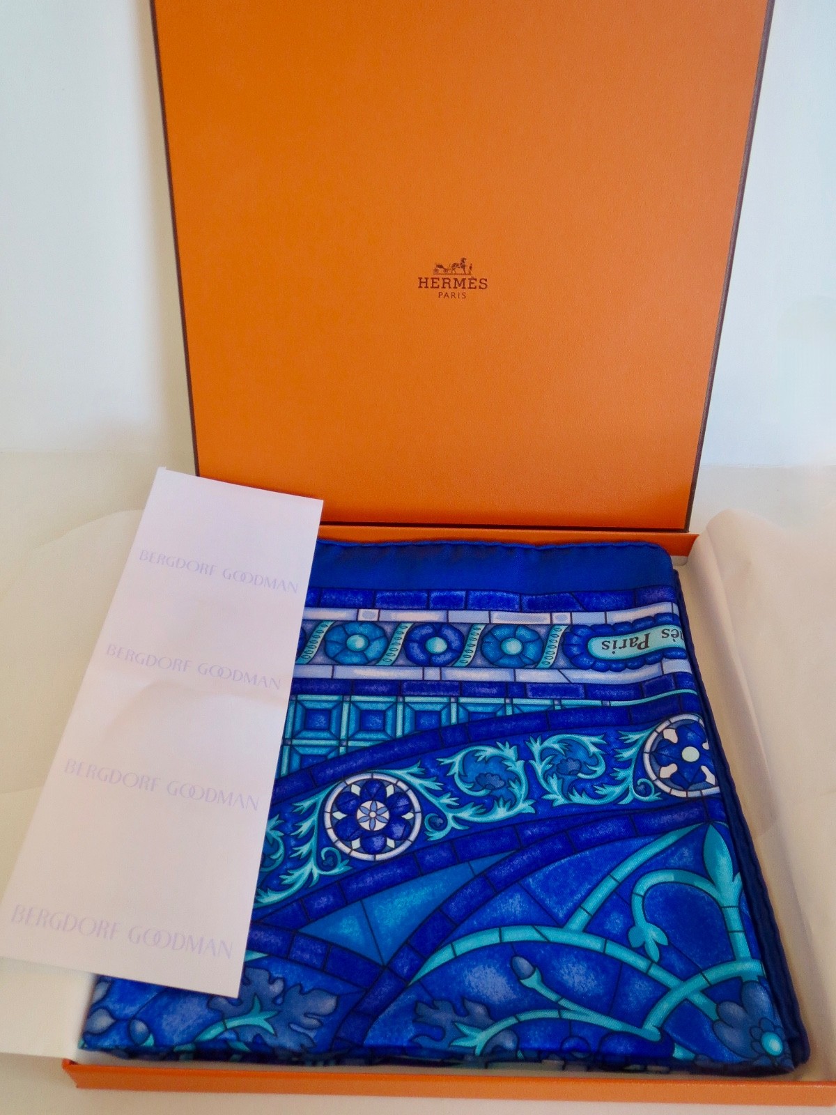 New in Box HERMES SCARF “Lumieres de Paris” Bright Blue Square Scarf 35″