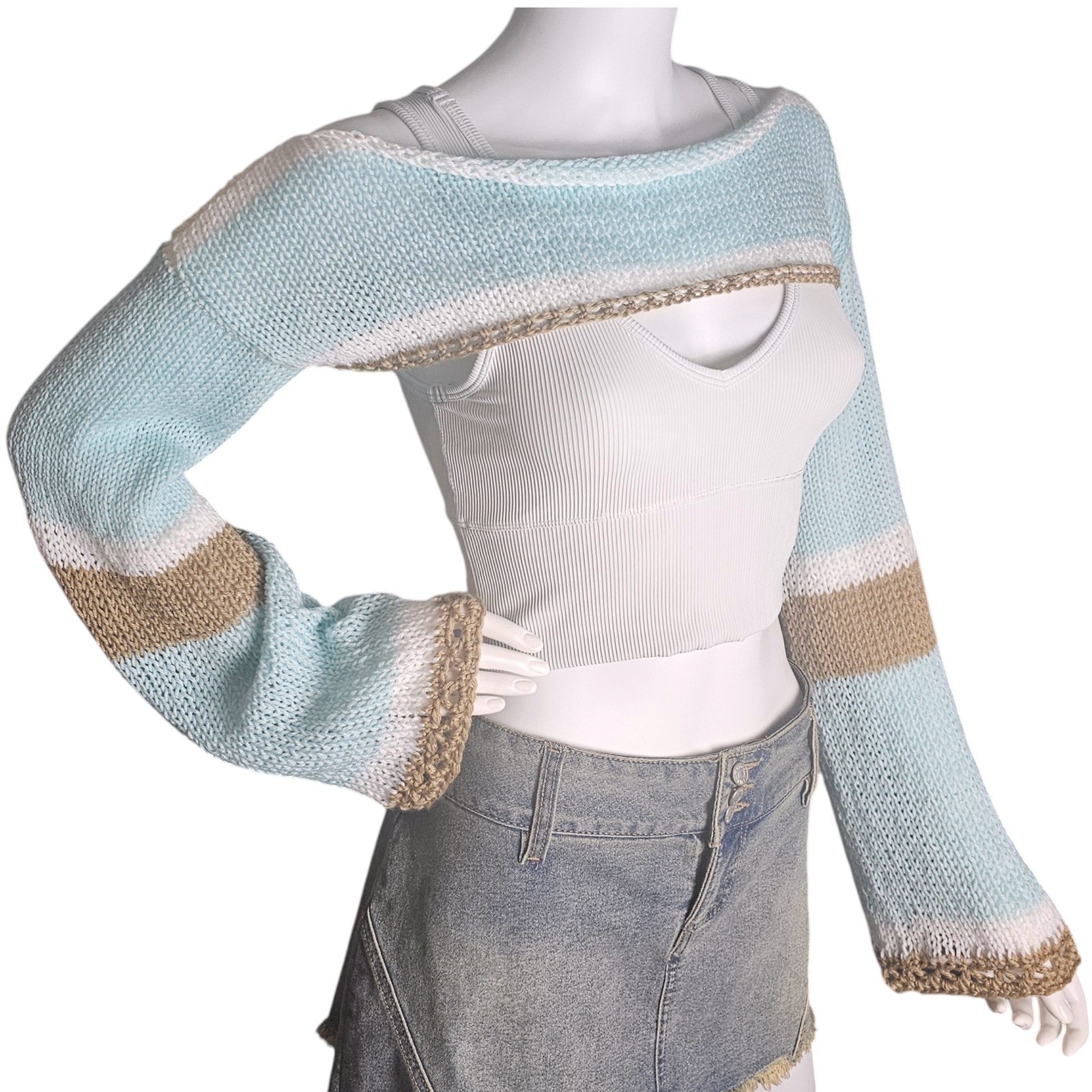 Handmade Knit Shrug | Blue Stripe Bell Sleeve Bolero | Coastal Boho Layering Top