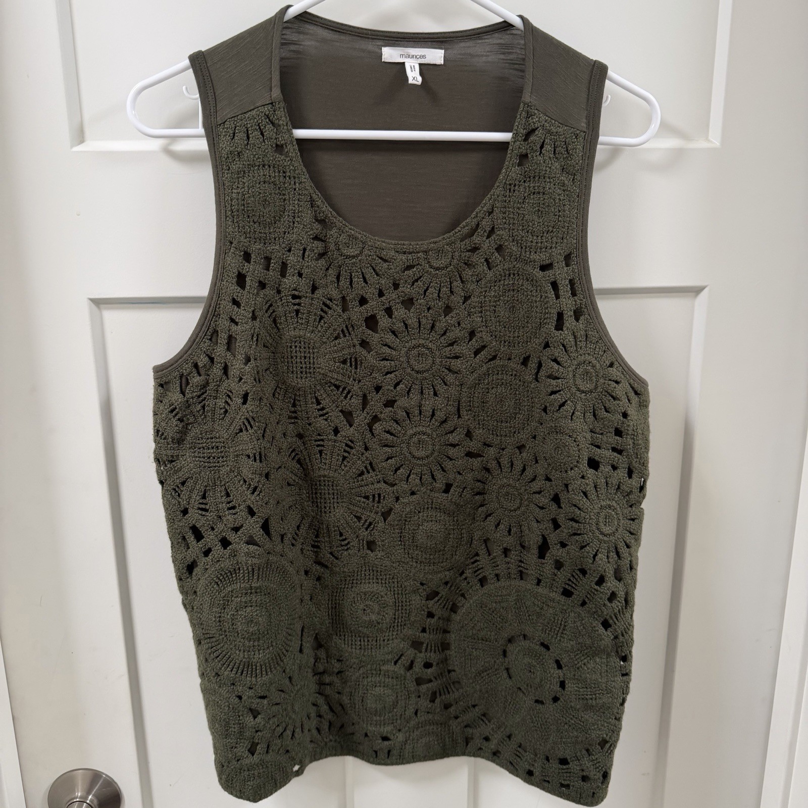 Maurices WomenOlive Green Crochet OverlayStretchKnit CasualSleevelessTank Top XL