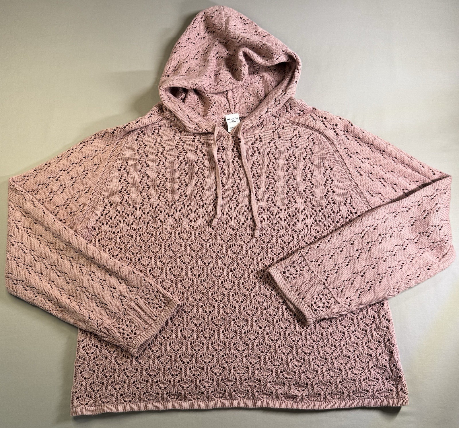 Melrose and Market Pink Open Knit Hoodie Sweater Womens Large Boho Cottagecore