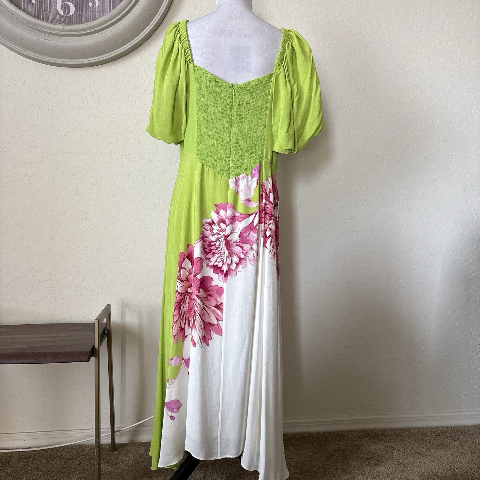 ALEX MARIE Rayon Green And Pink Floral Dress With Puff Sleeves. 14P
