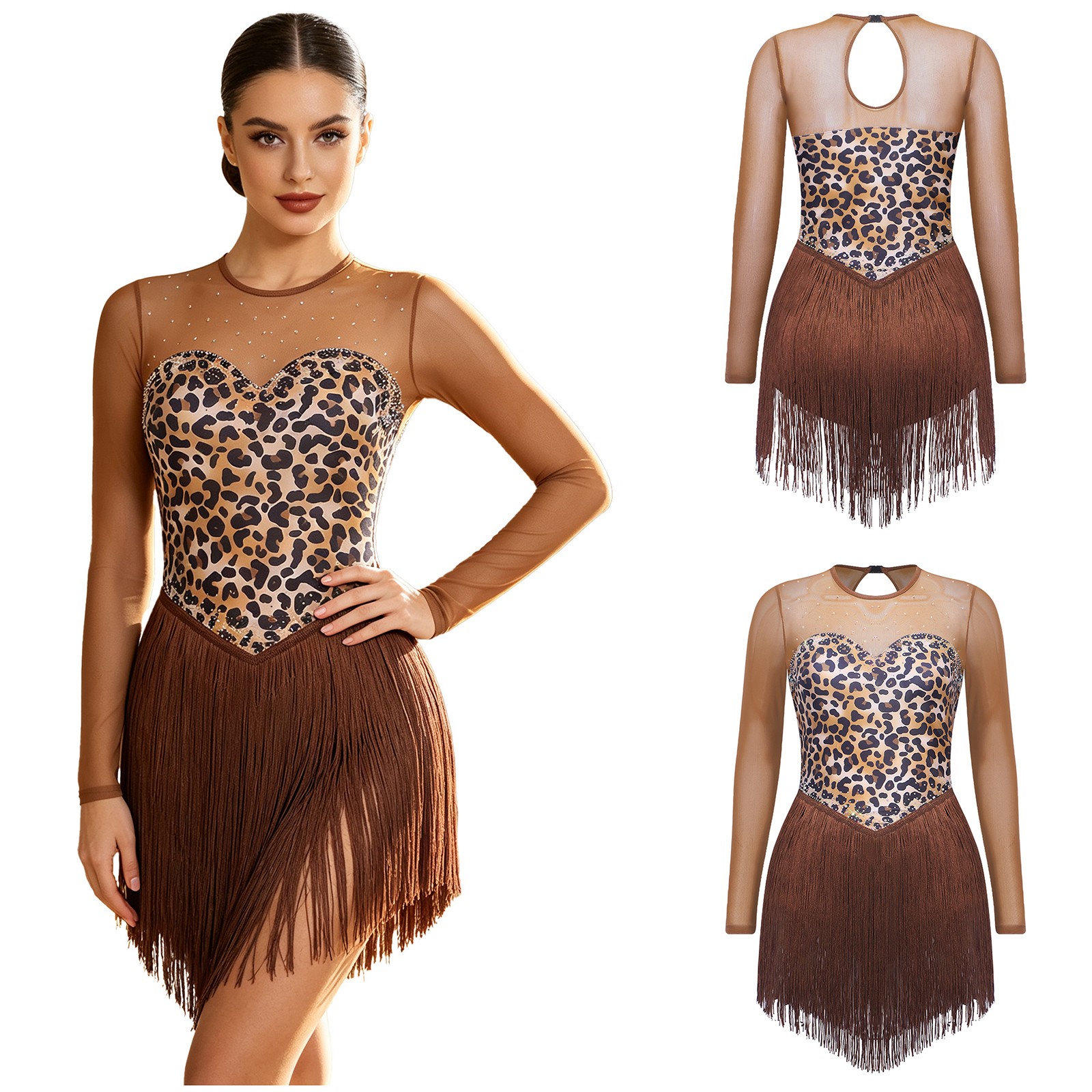 Women Latin Dance Costume Dress Salsa Fringe Halloween Leotard Tassel Hem Mesh