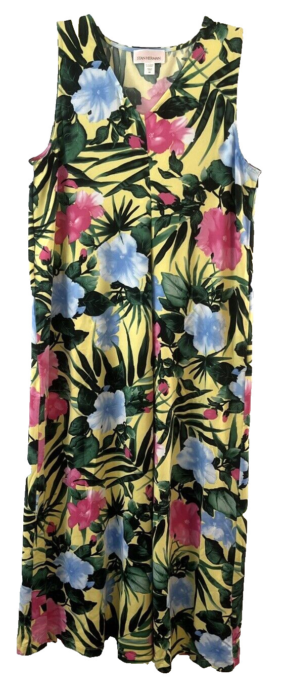 Stan Herman Silky Jersey Lounge Dress Hibiscus Sz M Yellow A346777 Women CB7S