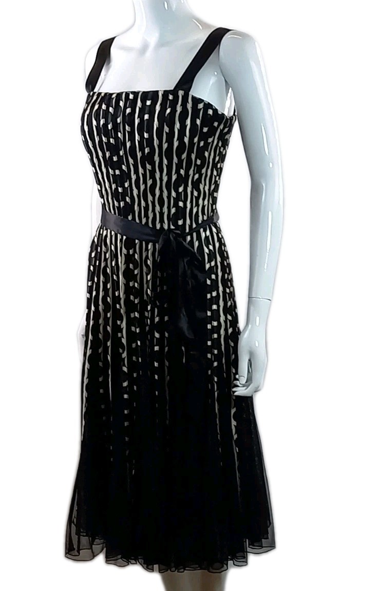 Phase Eight Black Cream Mesh Ribbon Strappy Cocktail Party Dress 100% Poly UK 12