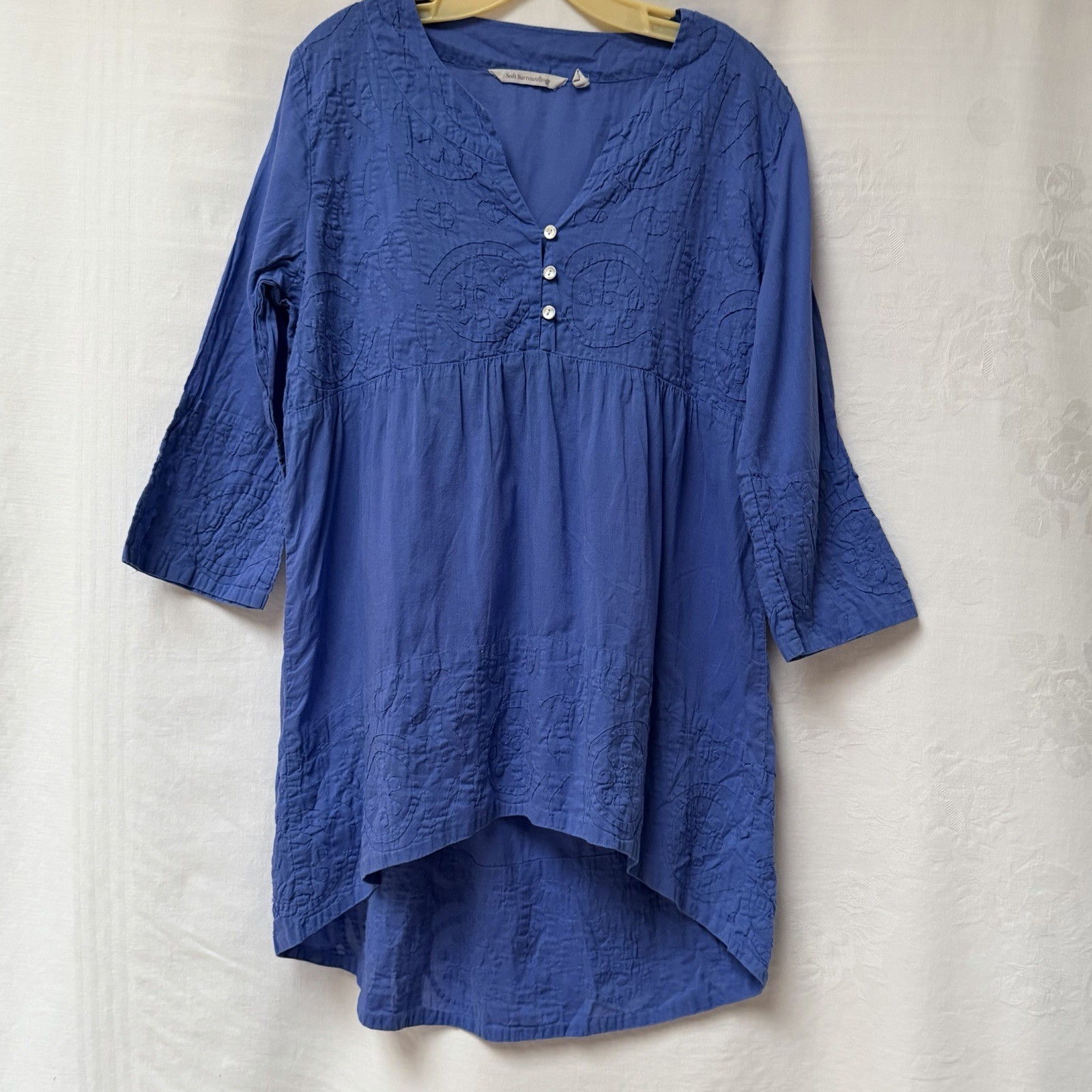 Soft Surroundings Womens Large Embroidered Blue High-Low Tunic Boho Lagenlook