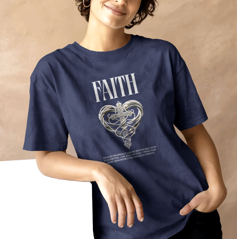 Women’s Christian T-shirt Faith Heart Cross, M, 2xl, Jesus, God, Spiritual, Navy