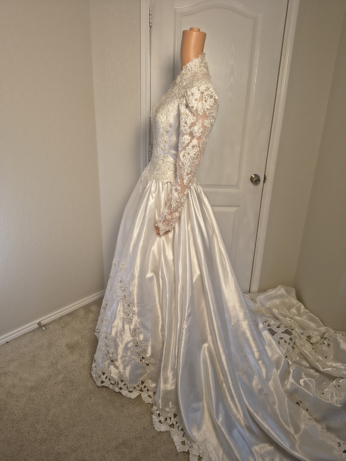 Vintage Victorian High Neck Wedding Dress Satin Lace 80s 90s Size 8 Mori Lee -43
