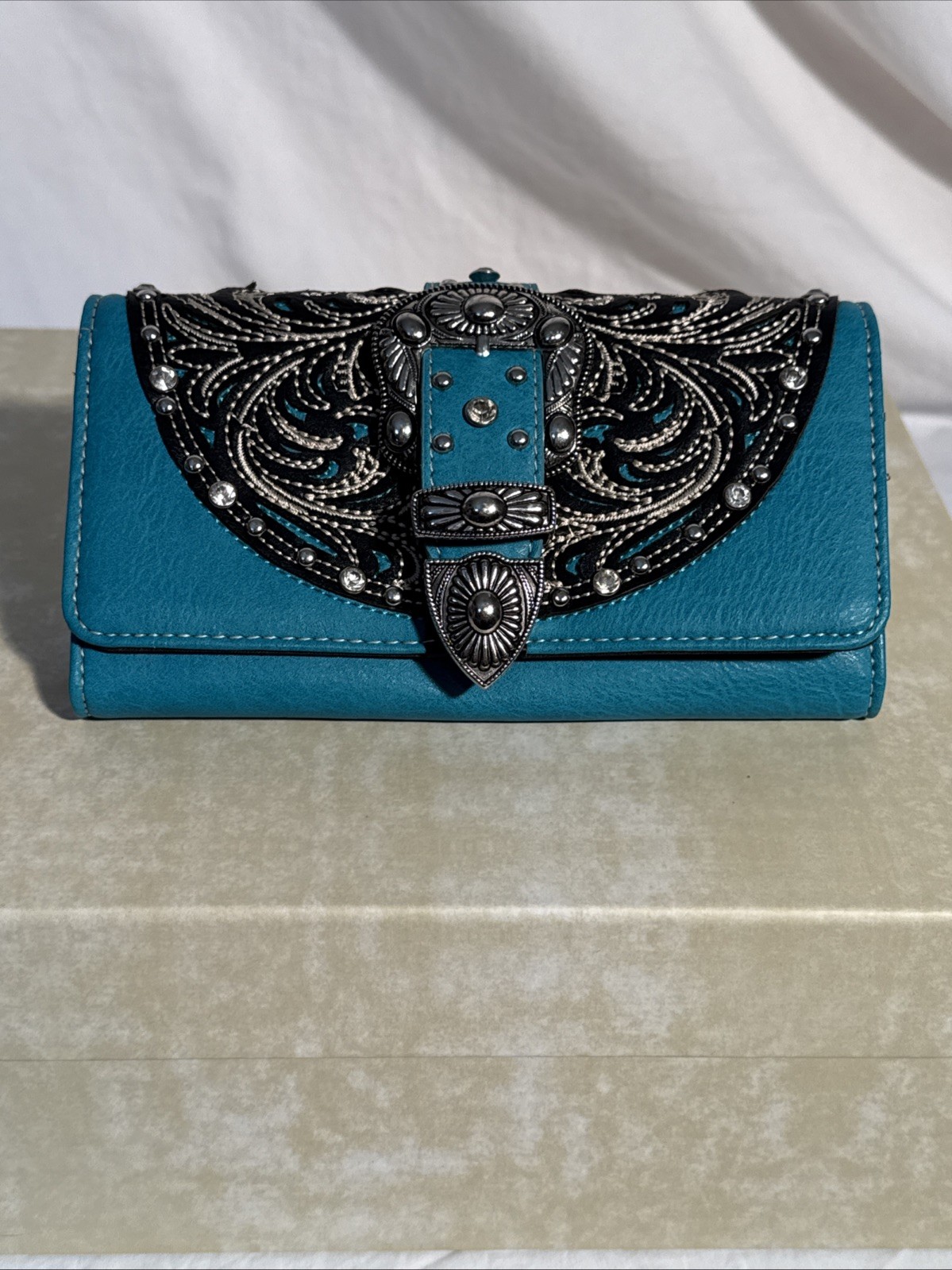 American Bling Western Buckle Wallet Black Turquoise Beaded Vegan Leather