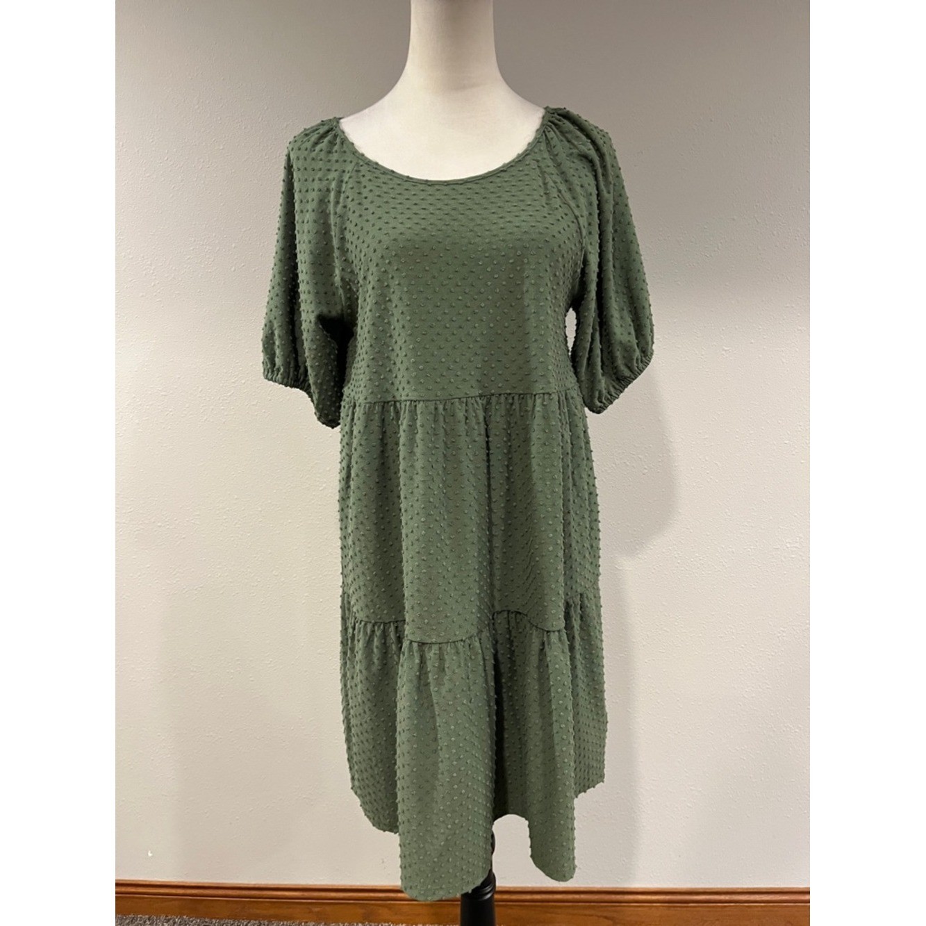 J. Crew Olive Green Textured Tiered puffy short sleeves Midi Dress