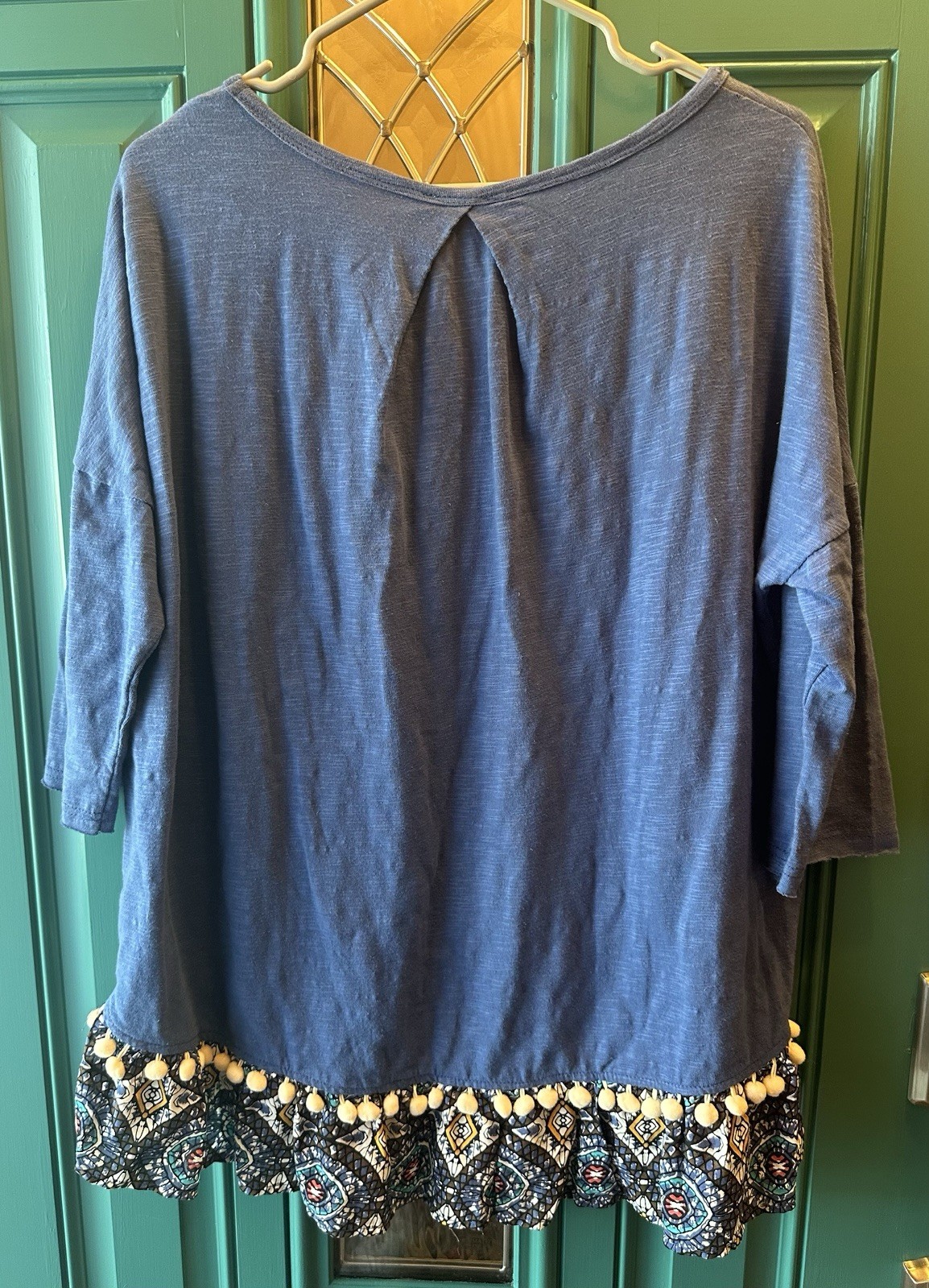 Umgee Pom Pom Trim Mixed Print Ruffle Hem Pocket Tunic Top Blouse Blue Size M