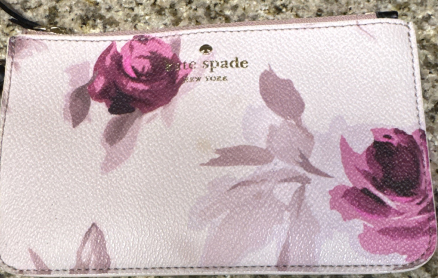 Kate Spade New York Pink Purple White Floral Zip Top Pouch Logo Accent