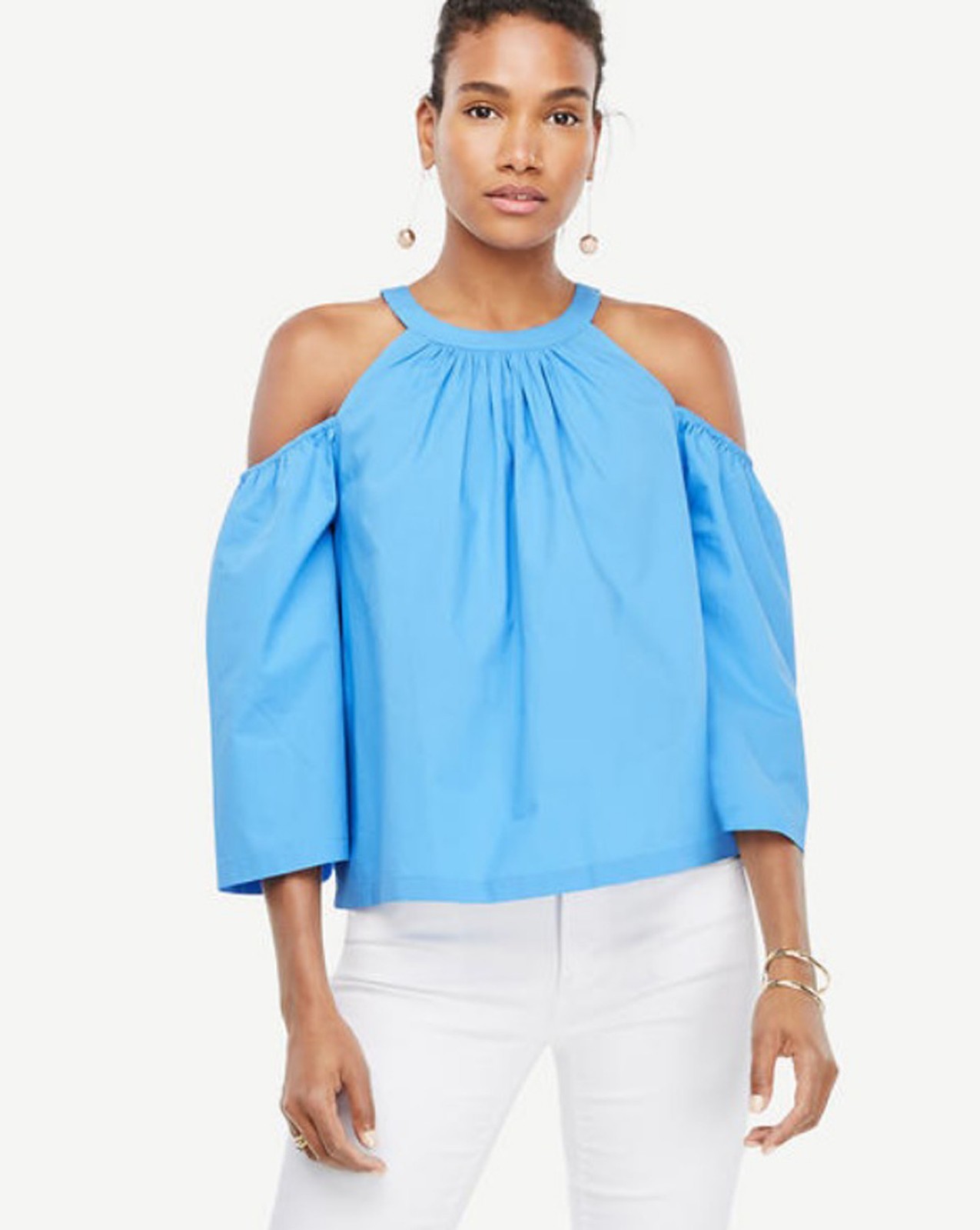 NWT ANN TAYLOR Vivid Azure Poplin Structured Cold Shoulder Top Shirt S, XL