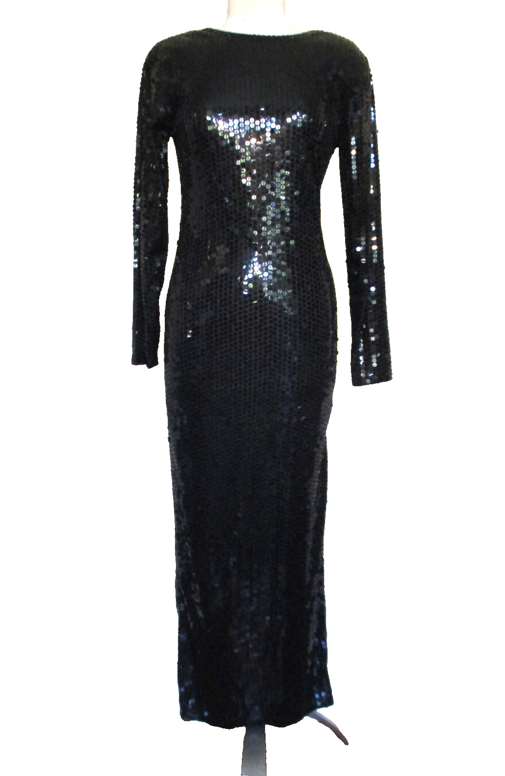 Vtg Sho Max Originals Black Sequin Gown M Women Long Black Tie Dress Low Back