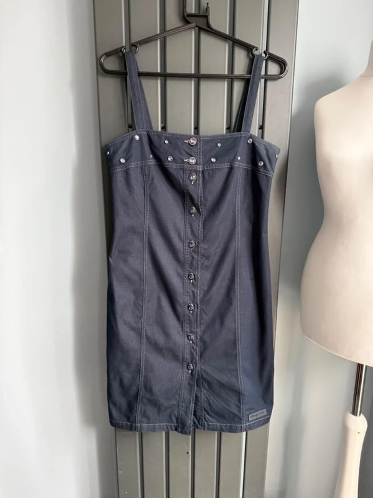 Votre Nom VN Denim Mini Dress Size 38 uk10 Dark Blue Button Front Strappy Y2K