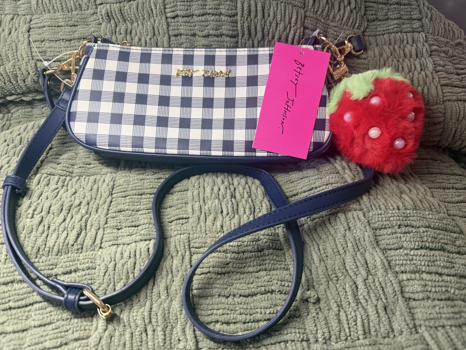Betsey Johnson Blue/White Gingham Crossbody Bag Zip Closure Detachable Strap