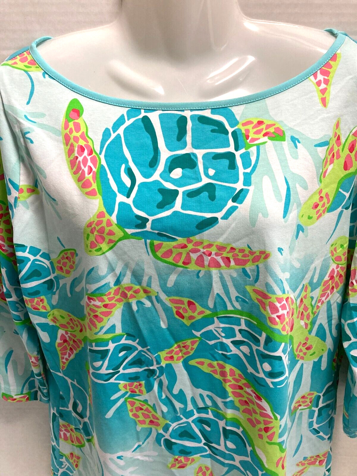 Ana Clare Resort Wear Top 3/4 sleeve soft stretchy turtle print turquoise L