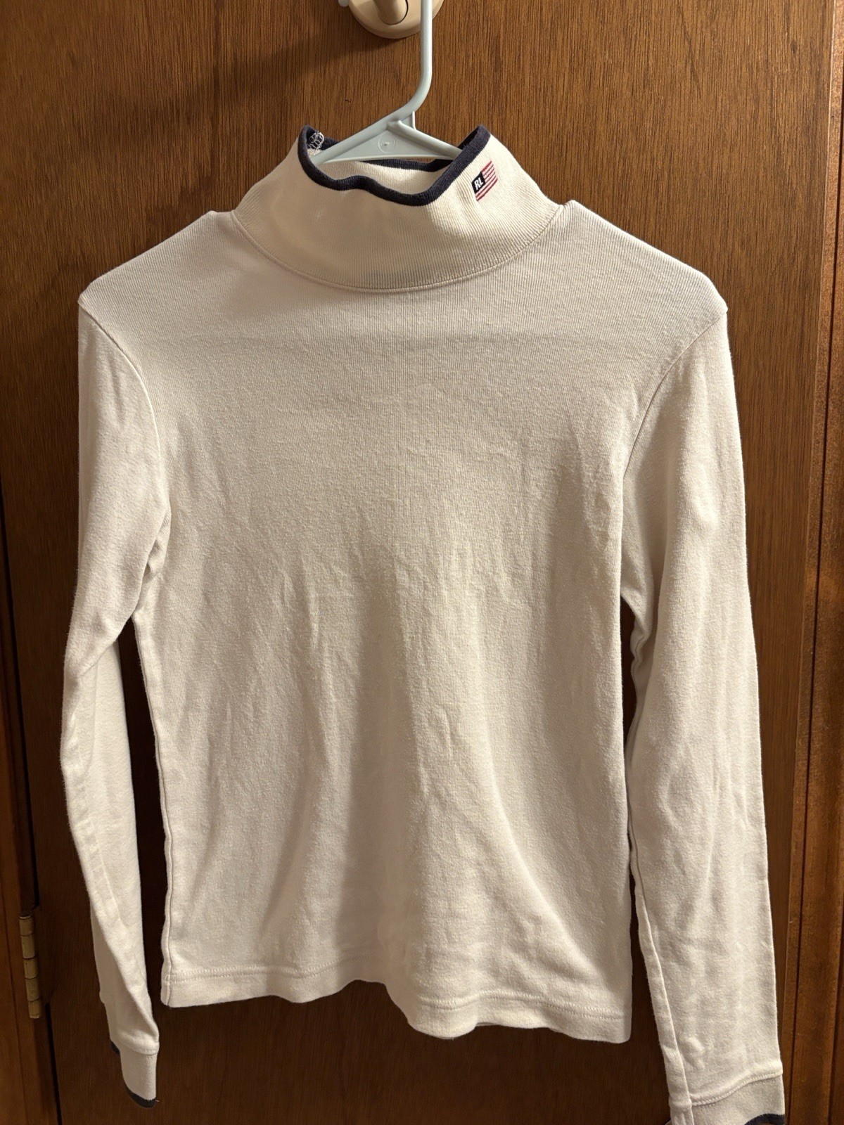 Vintage Polo Jeans Co. Ralph Lauren Cream Mock Neck Knit Top USA Flag Women S