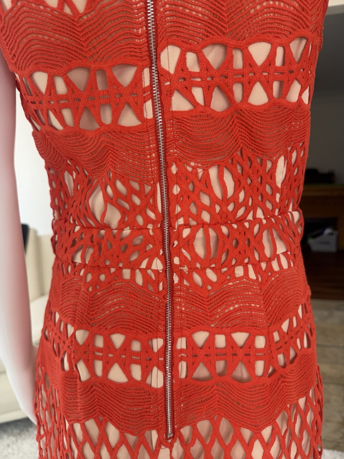 Endless Rose Women’s Guipure Lace Bodycon Dress in Orangish-Red/ Chili Size M