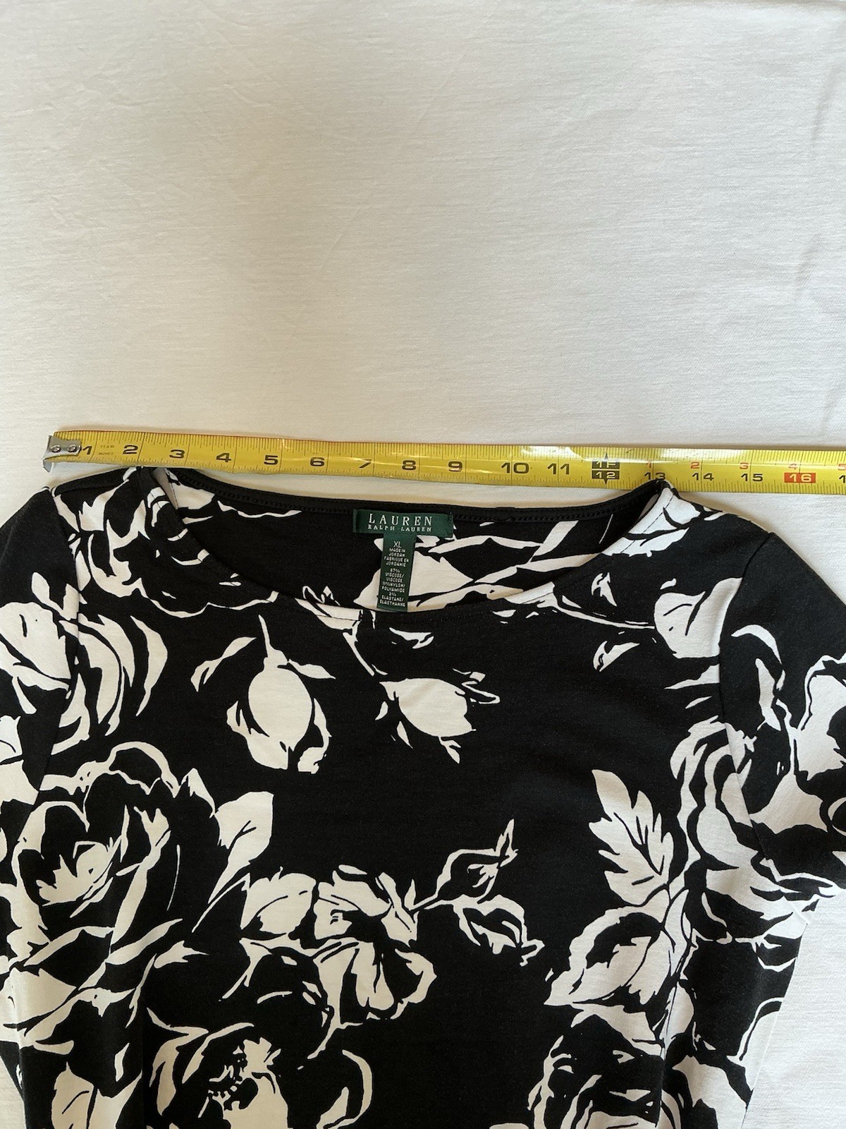 Lauren Ralph Lauren Sheath Dress XL Black White Floral Knit Belted Stretch