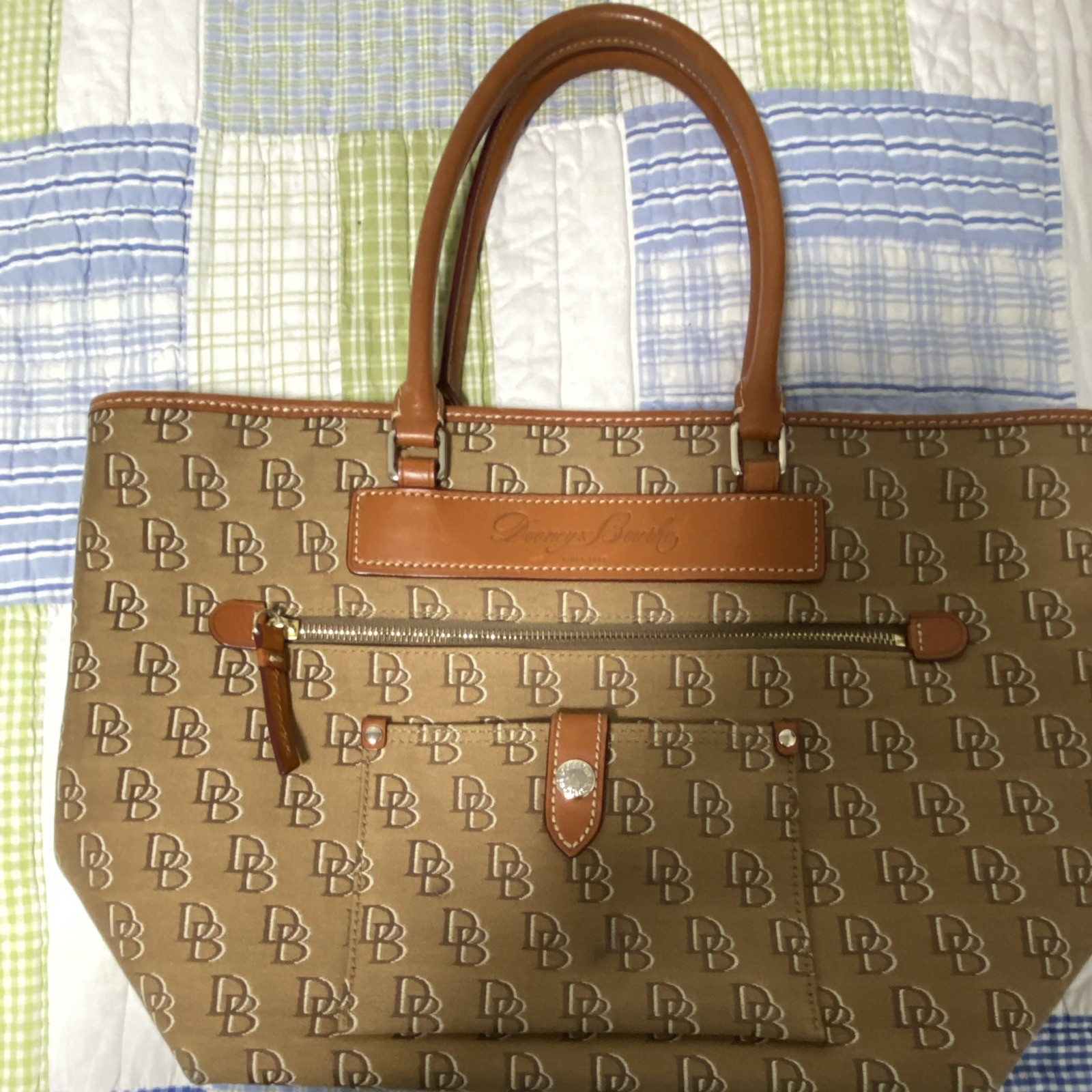 Dooney & Bourke Tan Brown Monogram Tote Bag Double Handles Zip Lined Pockets