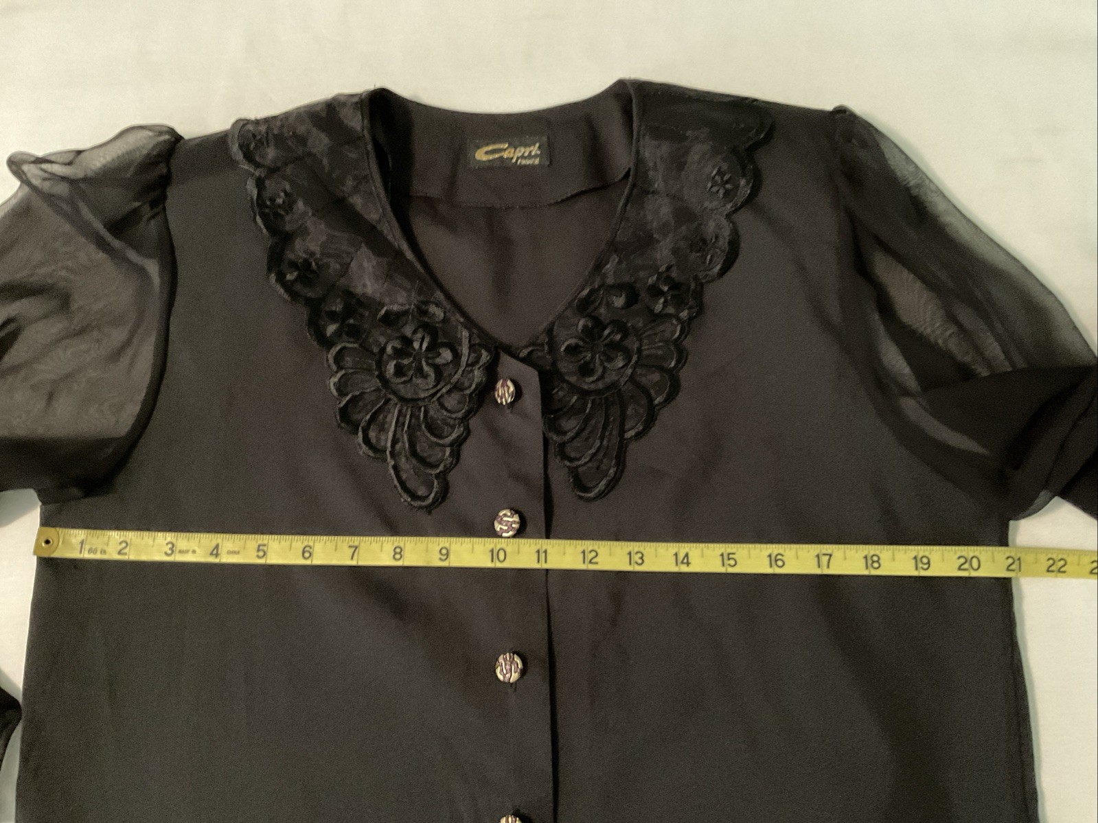 Vintage 80s Black Button Up Blouse Sheer Long Sleeve Size L Capri France