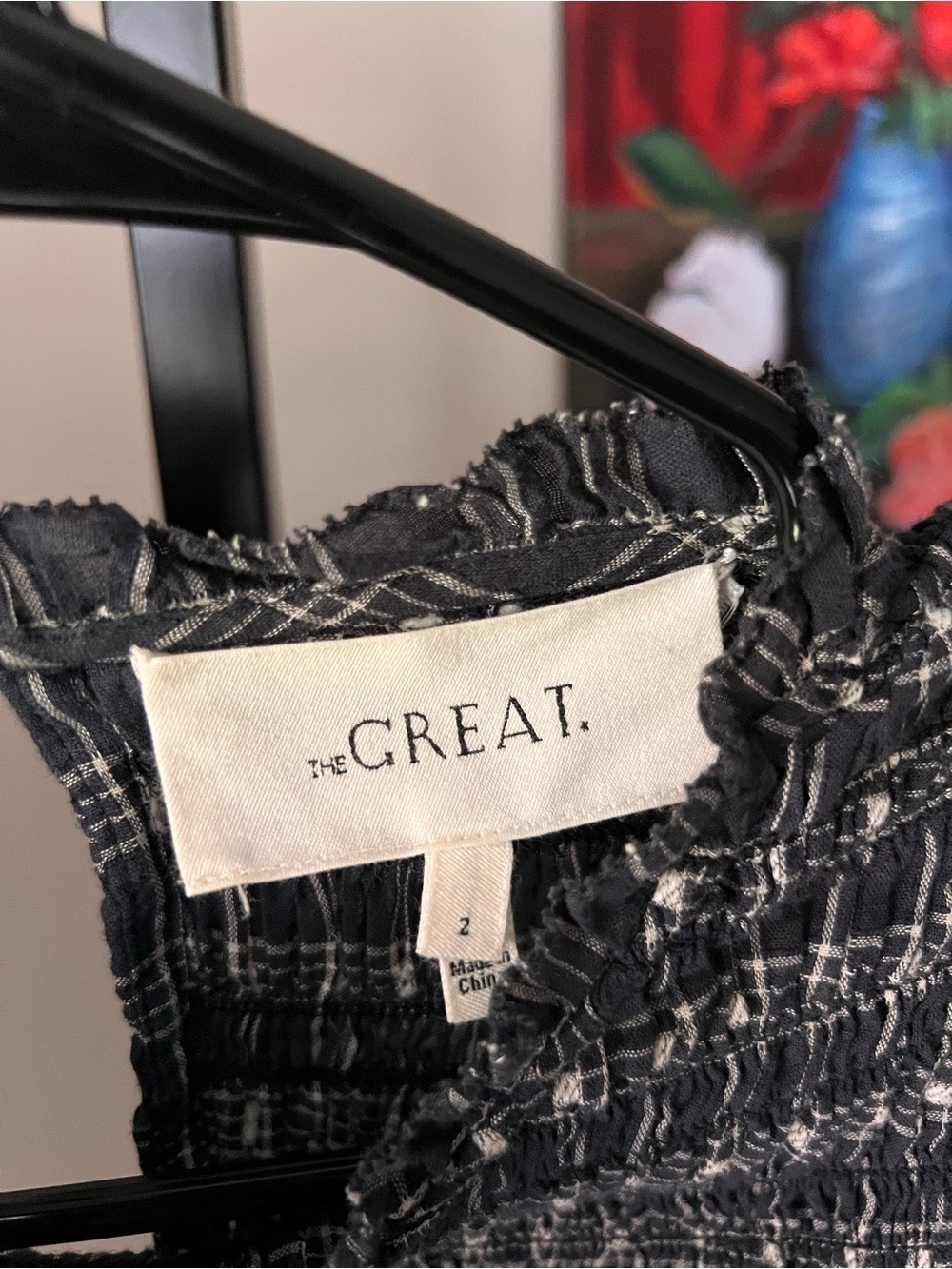 THE GREAT. Smocked Plaid Long-Sleeve Peplum Top