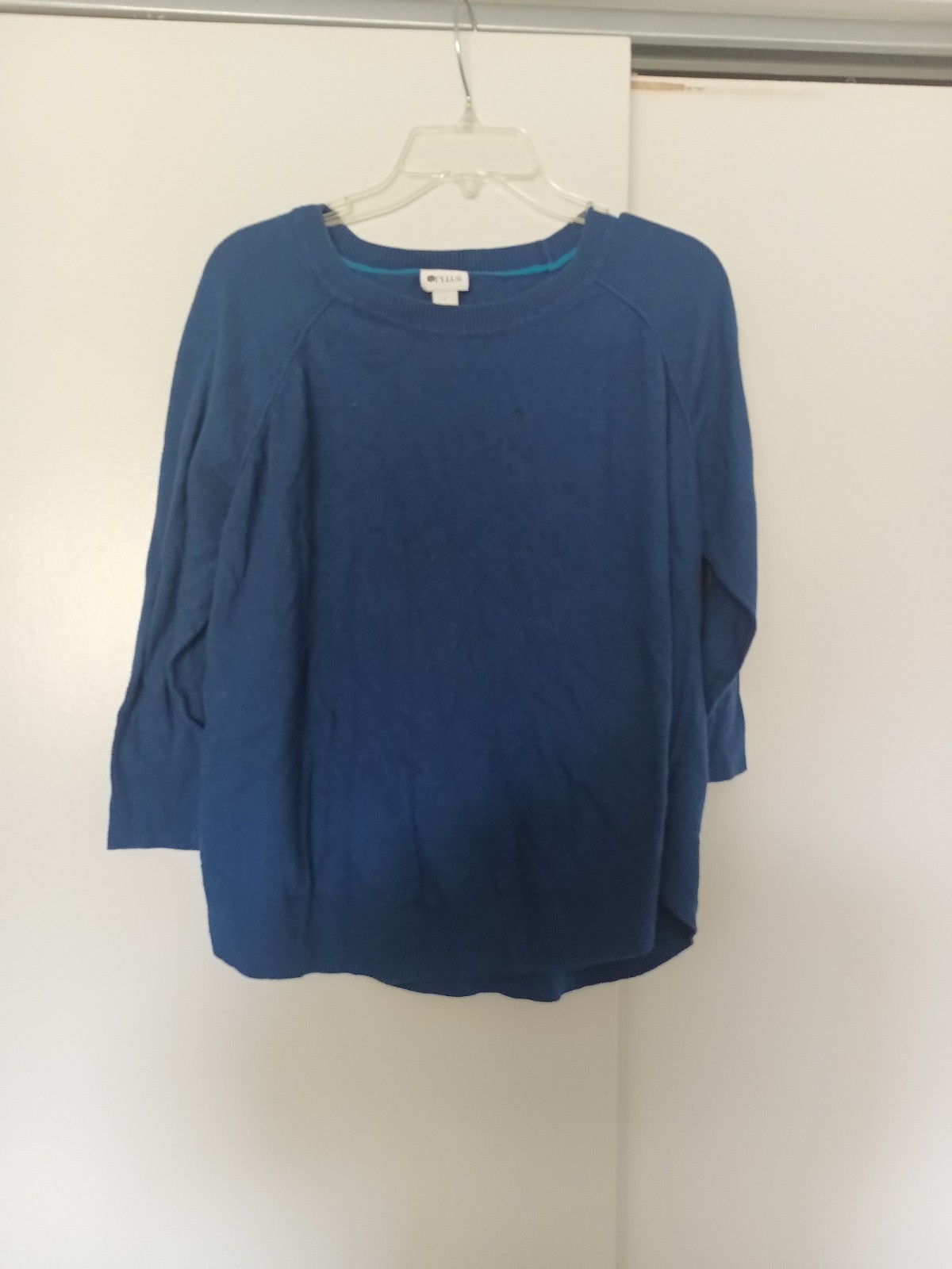 Stylus Women’s L Blue Solid Knit Crew Neck Pullover Sweater 3/4 Raglan Sleeve