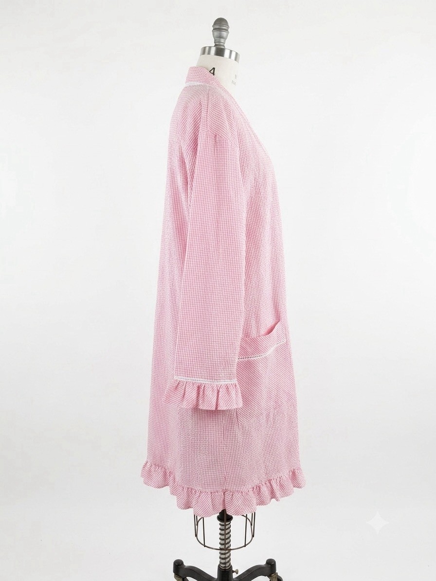 Eileen West Seersucker Belted Robe Pink Sz S/M 2010s Loungewear Trad Wife