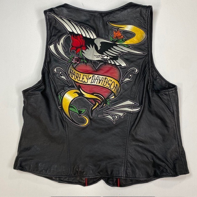 Harley Davidson Womens XL Black Leather Vest Eagle Heart Graphic Snap Front Moto
