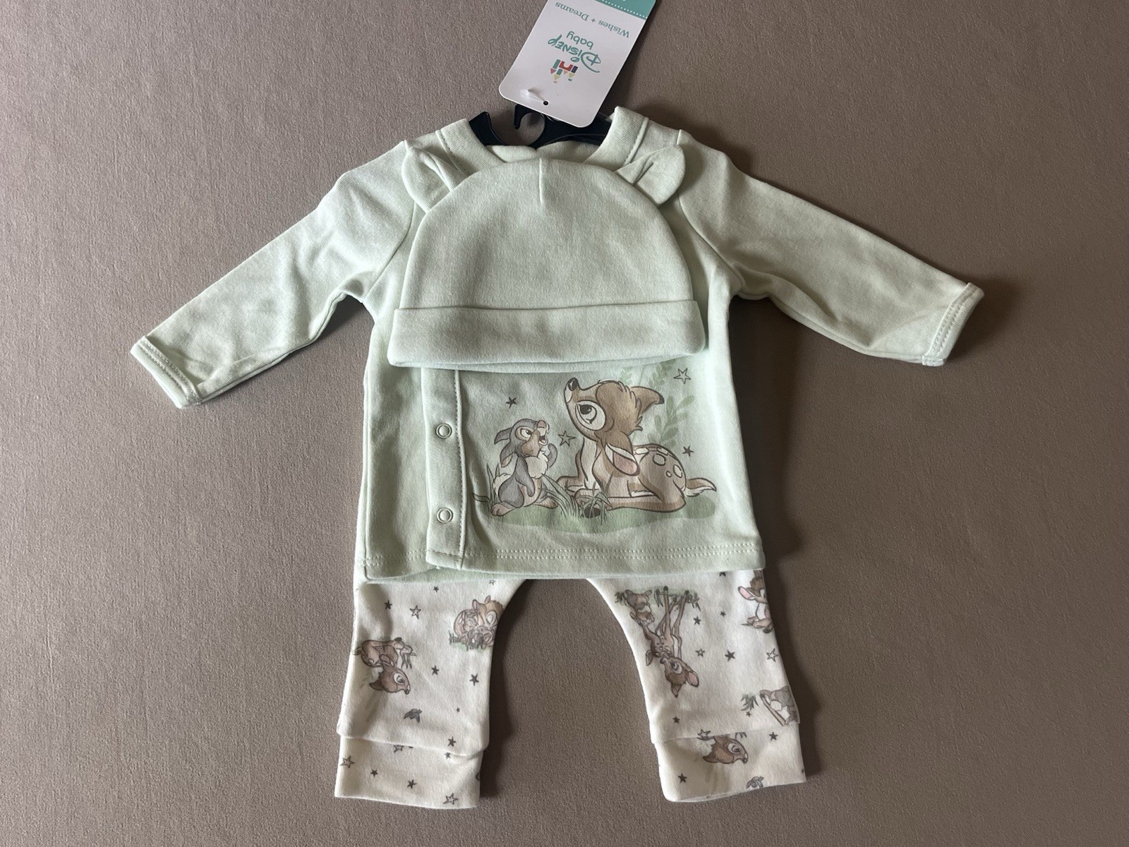 Disney Baby Unisex “Bambi & Thumper” Newborn Long-Sleeve Top, Pants & Bib, New!