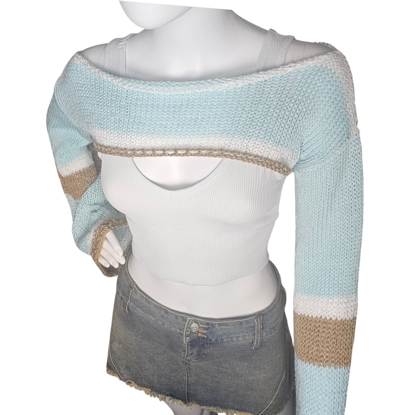 Handmade Knit Shrug | Blue Stripe Bell Sleeve Bolero | Coastal Boho Layering Top