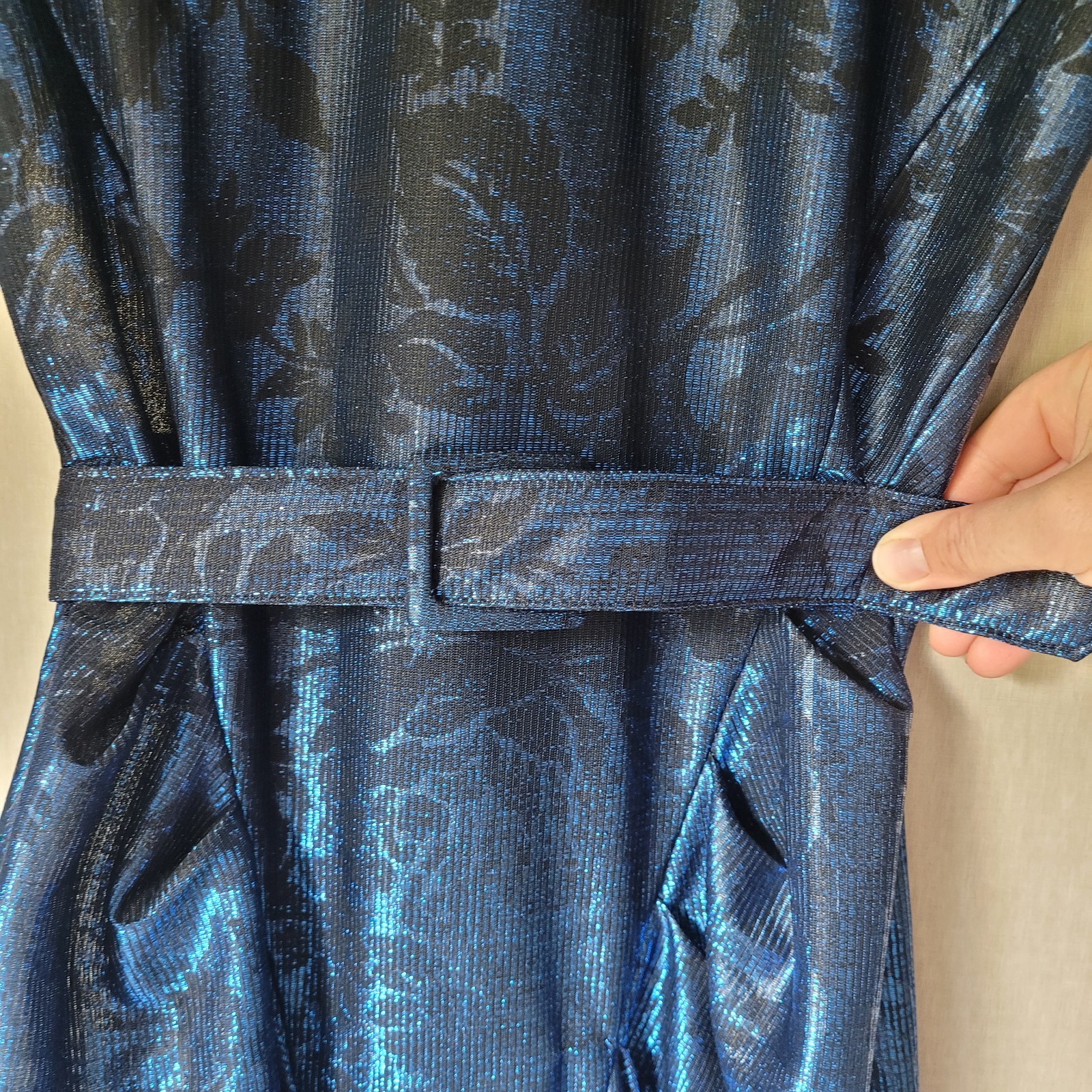 NWT VTG 80s Wayne Diamond Metallic Blue Mock Neck Tulip Midi Dress 5/6