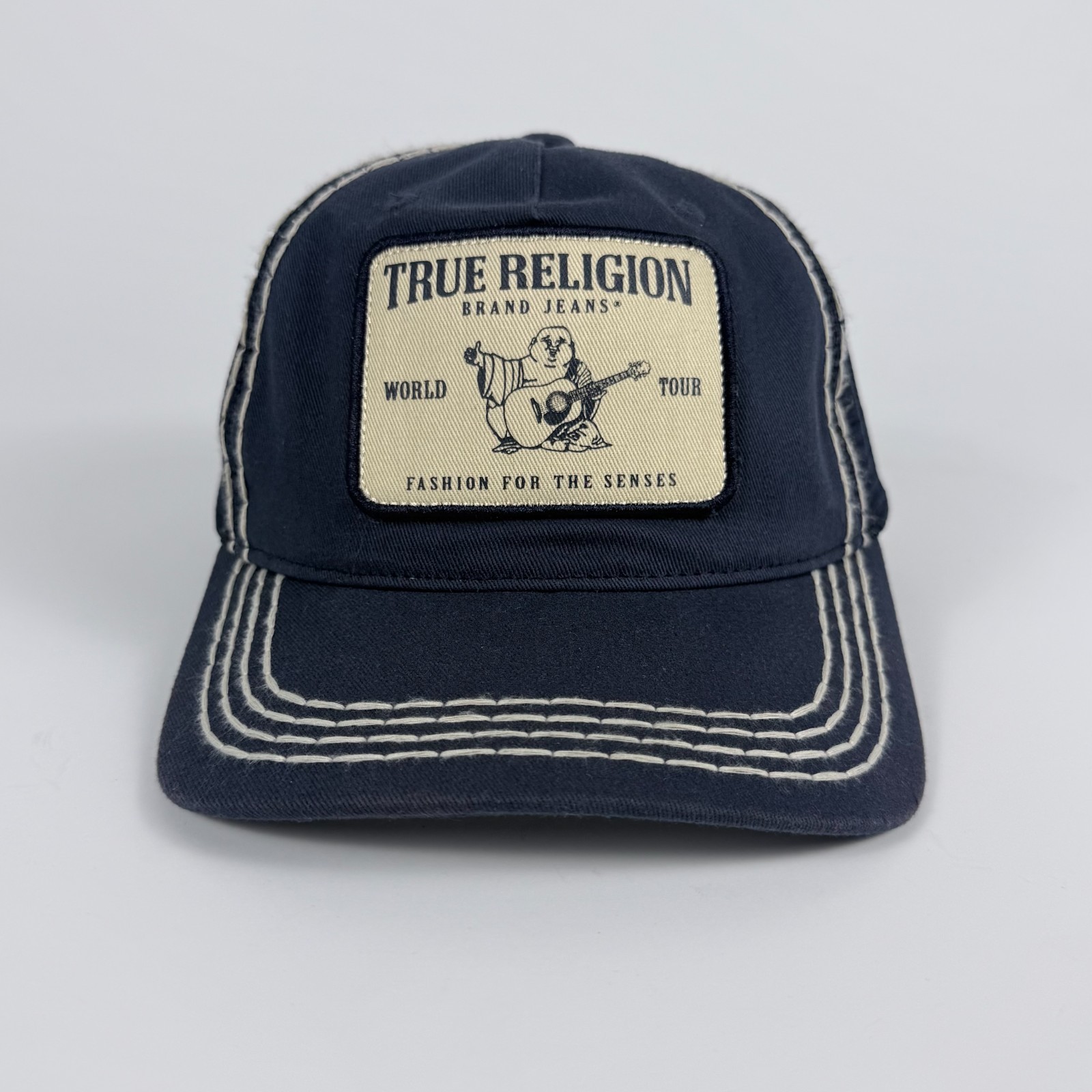 True Religion World Tour Trucker Hat Navy Blue Snapback Cap Contrast Stitch Logo