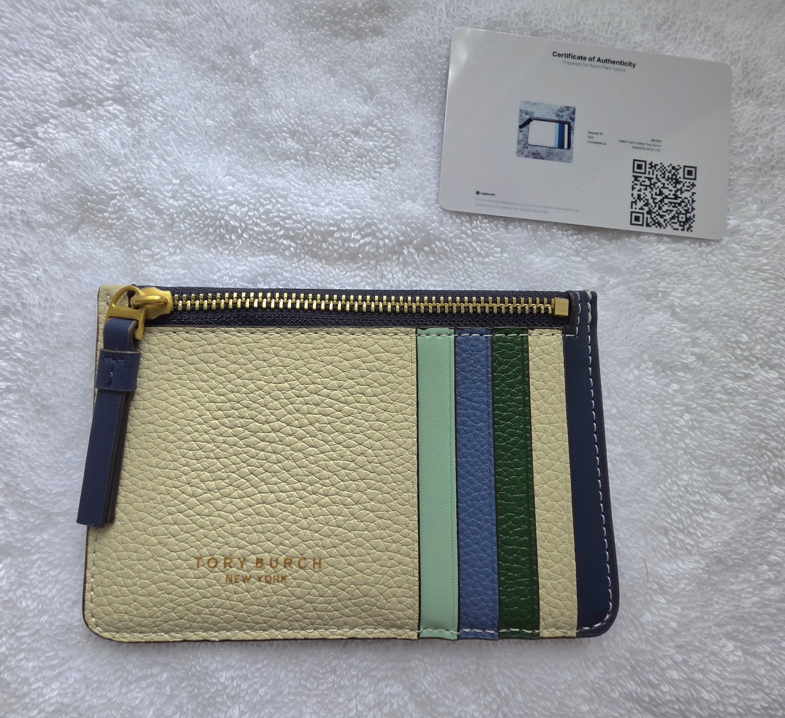 Tory Burch Women’s Beige/Blue/Green Striped Zip Card Wallet, Logo w/ COA