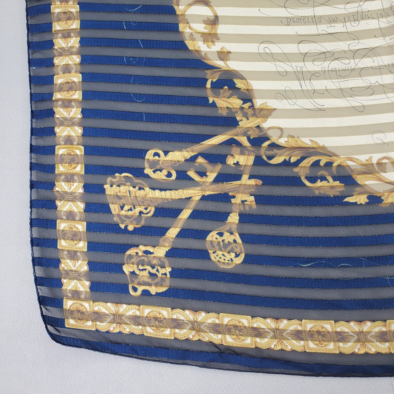 VTG Manuscript Scarf 35in Square Blue Shadow Stripe Faux Latin Gold Metallic Key